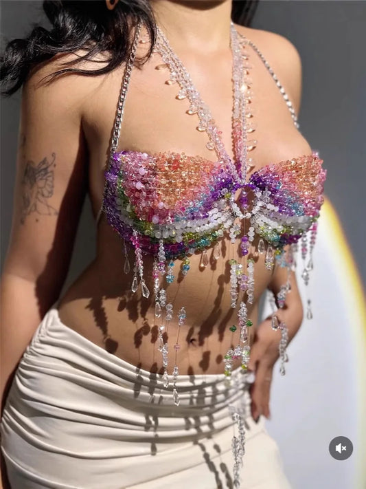 Women's Beading Vest Hollow Out Tops Body Beachwear Lingerie Harness Beaded Bralette Neck Bra Bustier Bra Women Club Rave