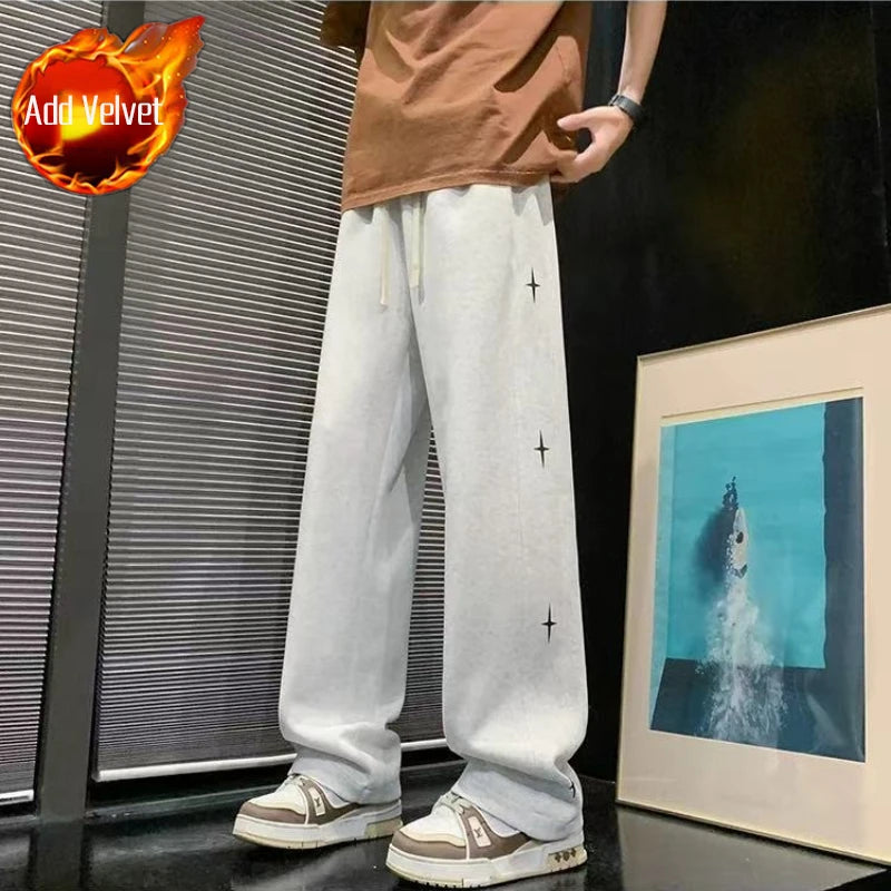 Trendy Star Pattern Jogger Pants Thick Fleece Lining Relaxed Modern Fit Autumn Winter Sports Casual Trousers for Men