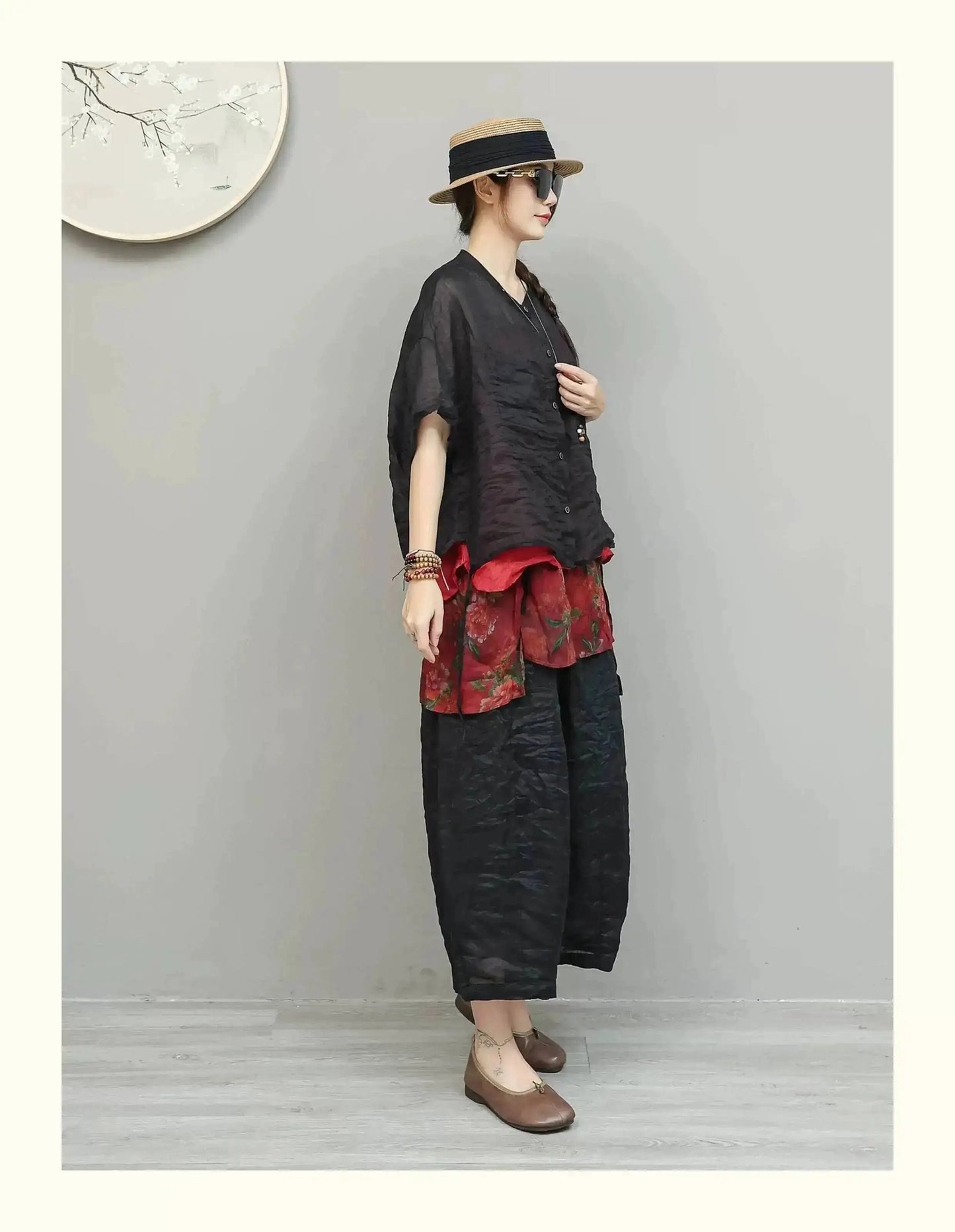 Lightweight Ramie Pant Women Summer Loose Wide-leg Cropped Pants Black LX5765