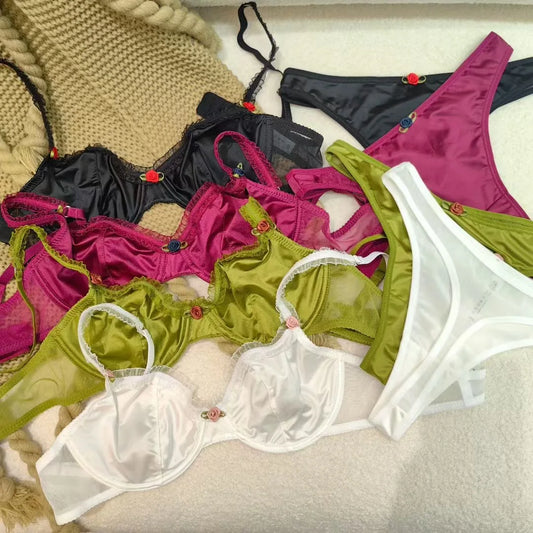 4 Color Fashion Women Lingerie Set Sexy Lace Ultra Thin Comfort Bra French Silk Satin Underwear Bralette Ladies Bras and Thongs