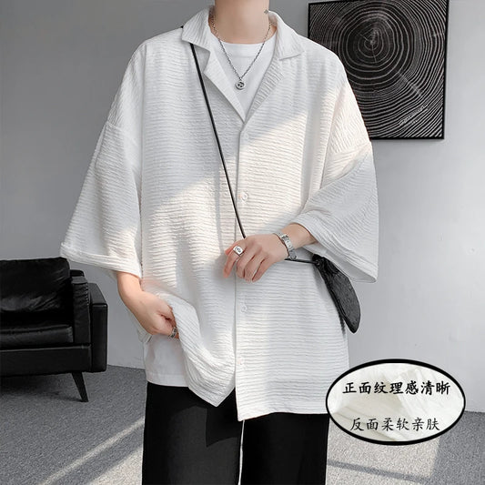 Ice Silk Shirt Men's High Quality Summer Fashion Brand ins 5-sleeve shirt loose casual masculina camisas hombre