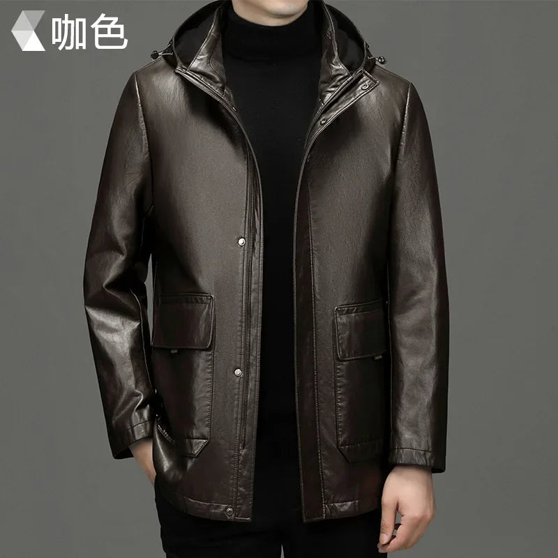 QYLVAWOY Leather Down Jacket Hooded Mid-length 90% White Duck Down Coat Detachable Liner Fashion PU Leather Jackets Man Clothing