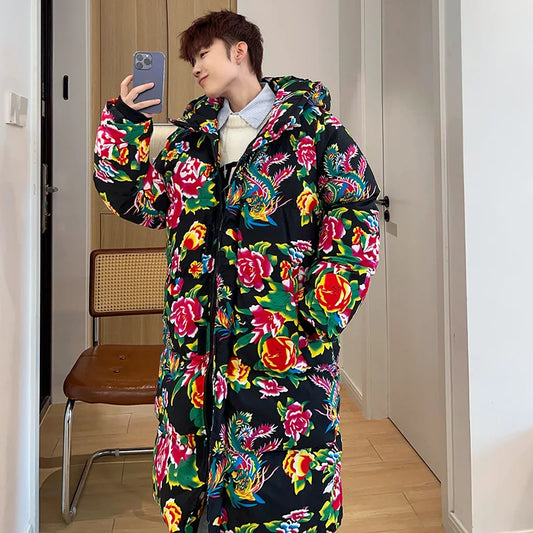 Thickened Long over Knee Hooded Fleece Lined Northeast Big Flower Coat Men's Cotton Jacket Youth Fashion Sport Scene Casual Coat