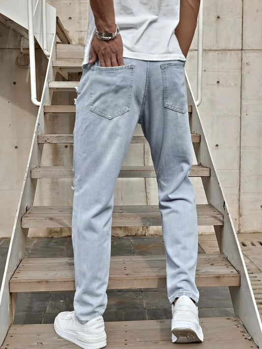 Men's Ripped Non-Stretch Jeans - Distressed Streetwear Loose Fit Denim, Hip-hop Style Regular Length All-Season Comfort