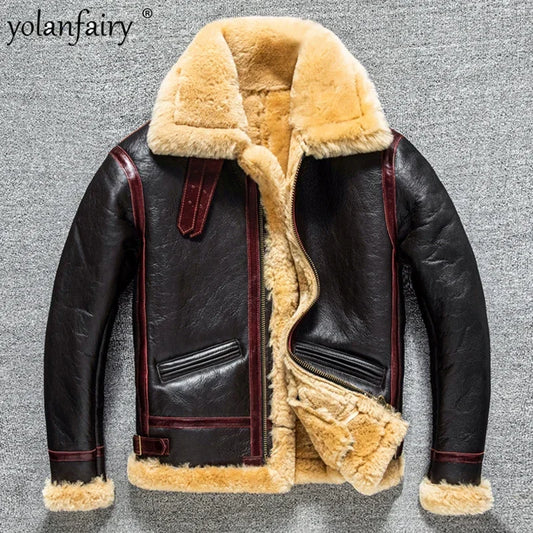 2023 Men's Real Fur Aviator Leather Jacket High Quality B3 Thick Winter Heavy Bomber Jackets For Men Retro Sheepskin Wool Coats