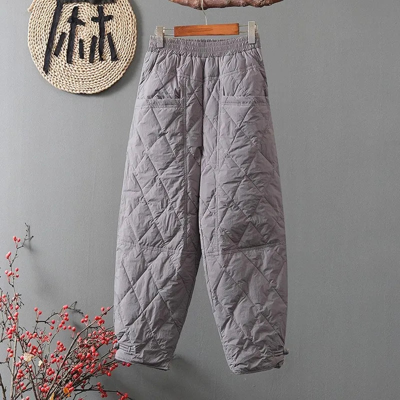 2025 Winter Faion Diamond Pattern Cotton Pants Women Loose Large Size Dad Boot Pants Thi Warm Outerwear Trousers