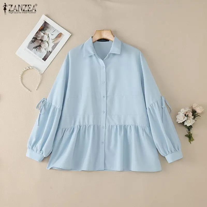 2025 Autumn Blouse ZANZEA Office Women Shirt Spring Elegant Lapel Neck Long Sleeve Tops Solid Button Up Blusas Lace-Up Chemise