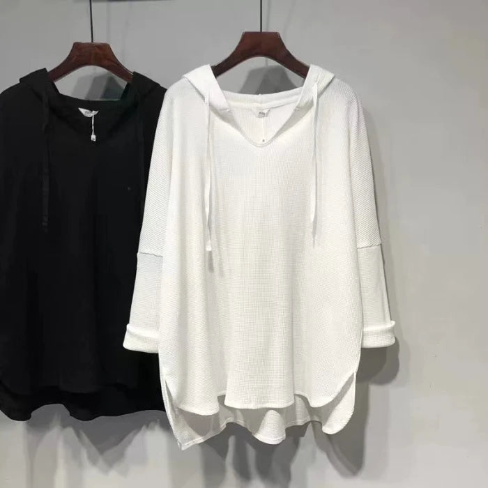 plus Size Women's Long Sleeve T-Shirt Loose Fit Belly Covering Spring Autumn Korean Style Hooded Asymmetrical Hemline Slimmin...
