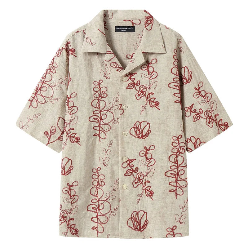 2026 Retro Floral Embroidered Summer Shirts For Men Linen Contrast-Color Print Casual T-Shirts Street Fashion Cuban Collar Tops