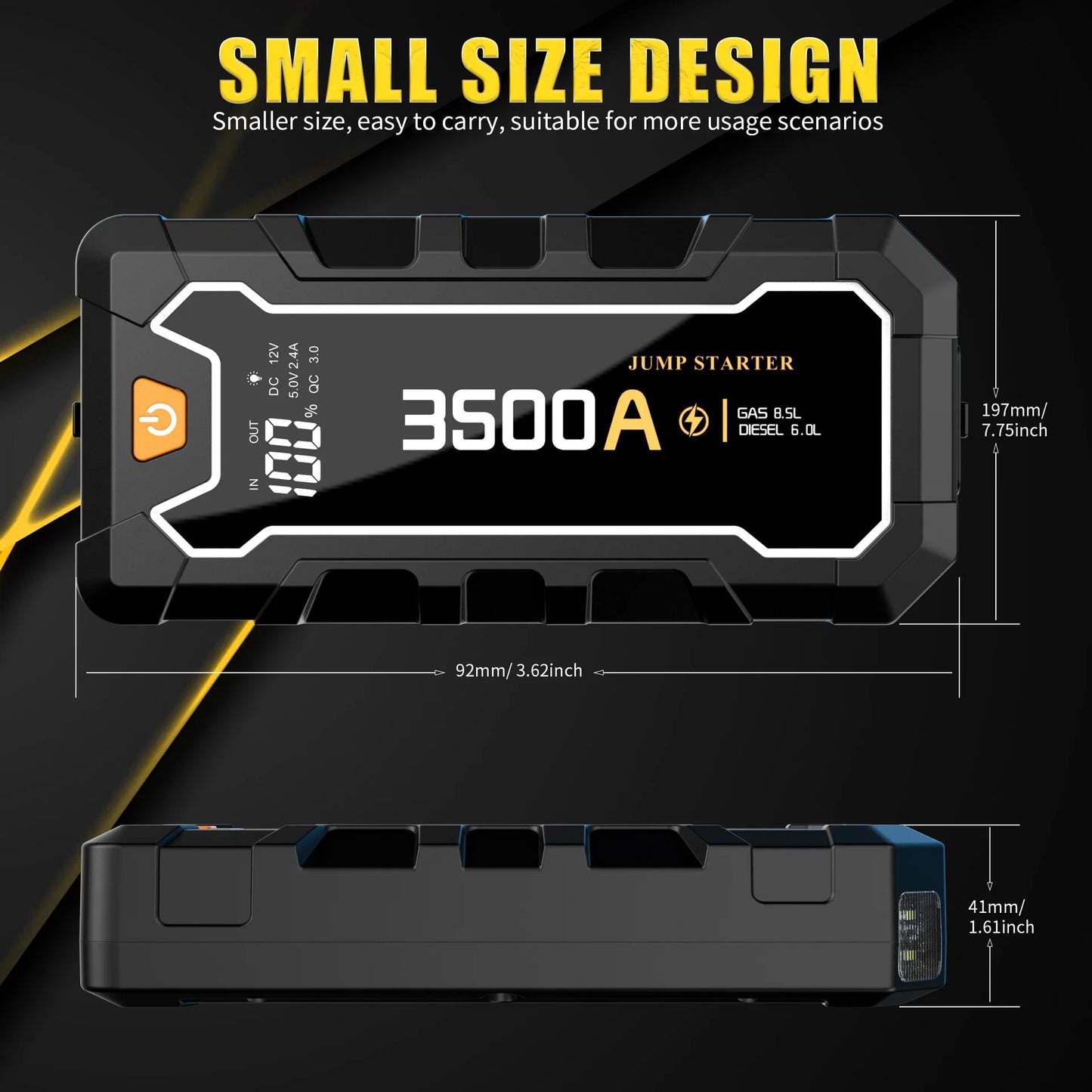 16000mAh Car Jump Starter 12V Booster for Gas&Diesel Car Portable Battery Starter Power Supply Wireless Charging Lighting