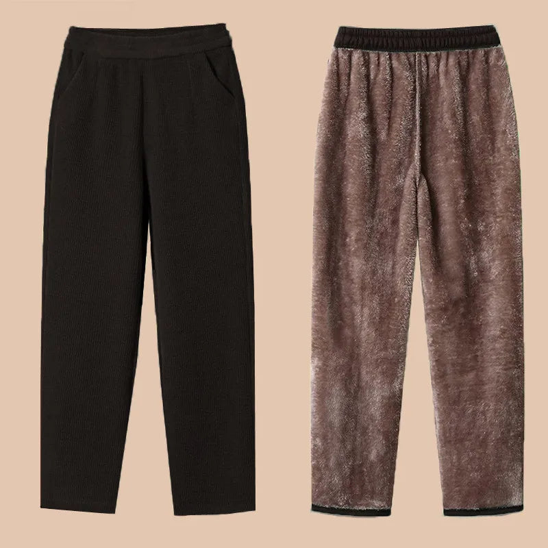 Thickened Fleece Lined Corduroy Winter Pants for Mom High Waist Loose Fit Straight Leg Warm Casual Trousers for Women over 40