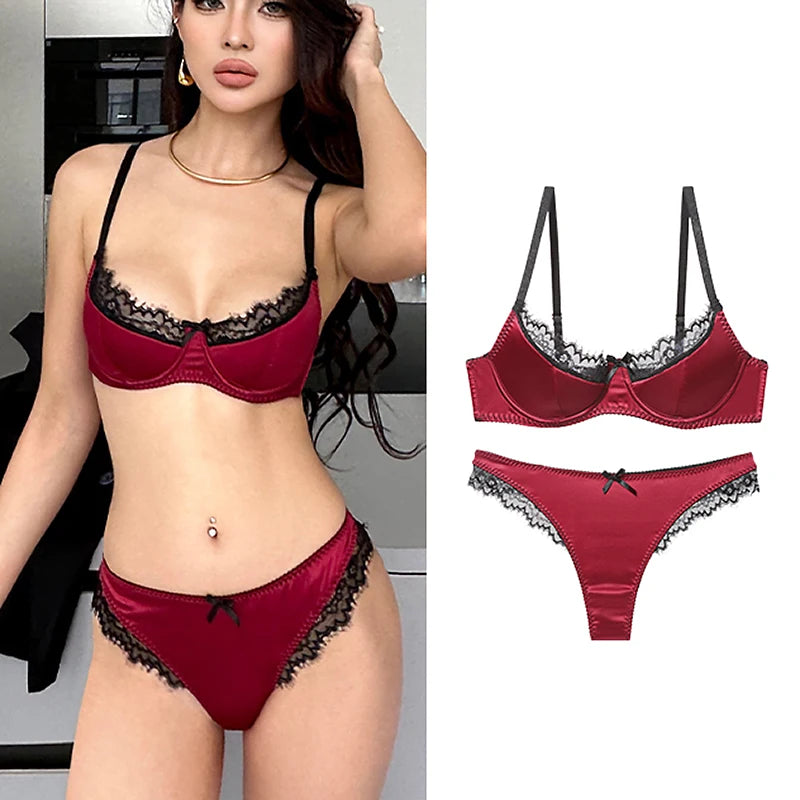 Luxury Satin Lace Lingerie Set Breathable Thin Cotton Cups Underwire Push Up Bra And Thong Sexy Women Underwear for Small Chest