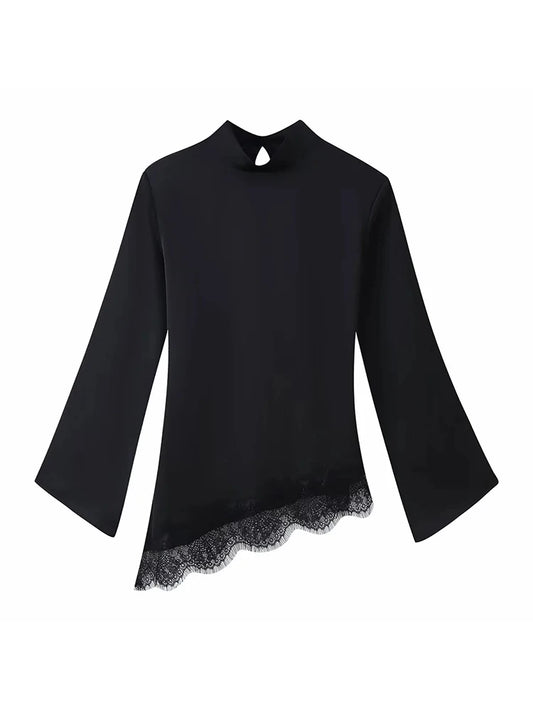 Women Casual Lace Patchwork Hem Lace-up Tops Women's Slim Waist-cinching Blouse New Ladies Spring Solid Elegant Blouses 