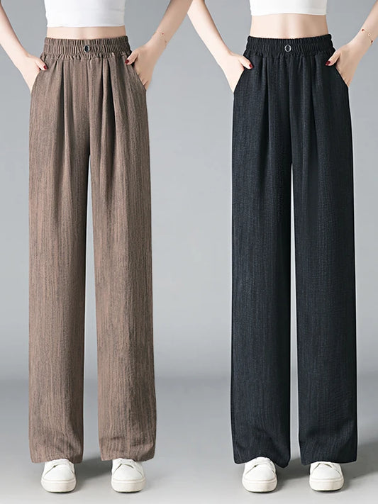 Ice Silk Slim Wide Leg Pants Women's Summer Drapey High Waist Straight Casual Lazy Floor Length Pants Cool Pants