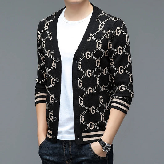 Autumn and Winter New Men's Trendy Brand Fashion Printed Top Long Sleeve Jacket Knitted Sweater for Men