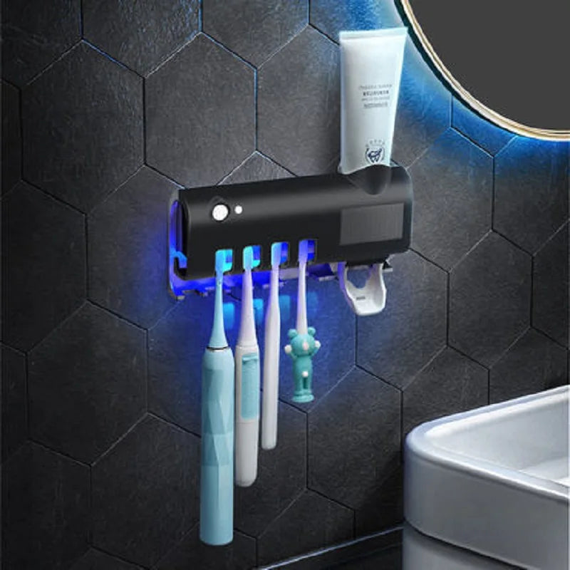 Smart UV Light Toothbrush Sterilizer Family Toothbrush Cleaner with Upgraded Toothpaste Dispenser Wall-Mounted Toothbrush Holder