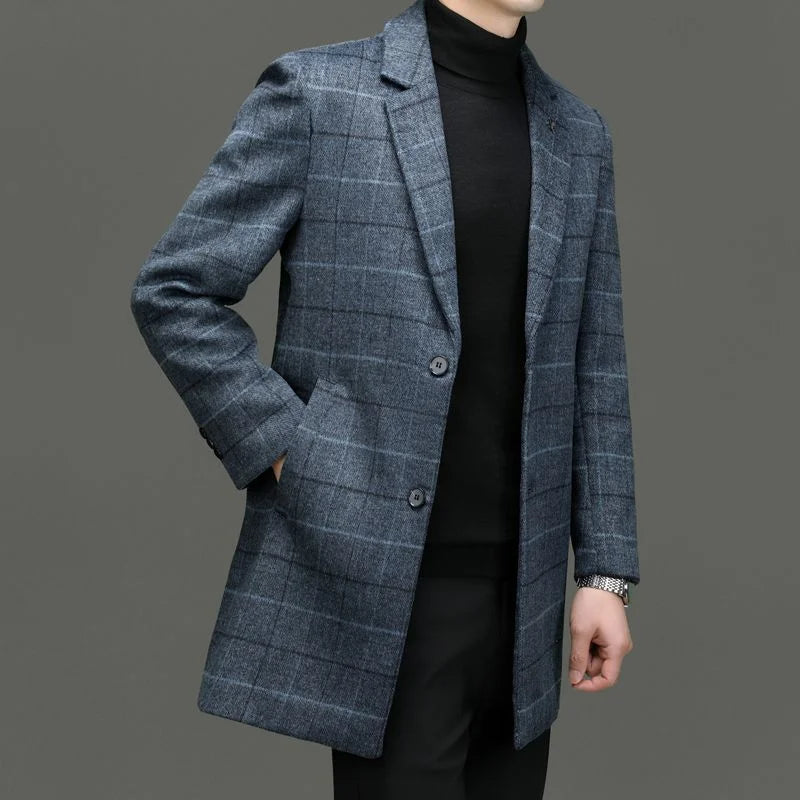 Men's Tweed Coat Spring Autumn Plaid Woolen Windbreaker Youth Mid-Length Casual Handsome High-End Jacket Male Model