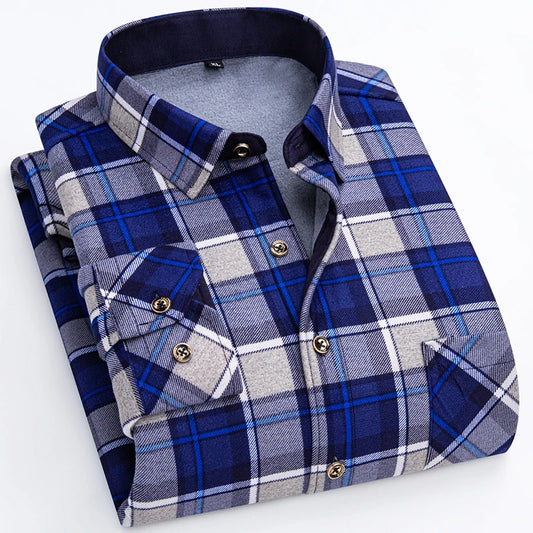 Winter Warm Shirt For Man Thickened Flannel Plaid Casual Menswear Long Sleeve Plus Fleece Big Size Regular Fit Smart Dress Shirt