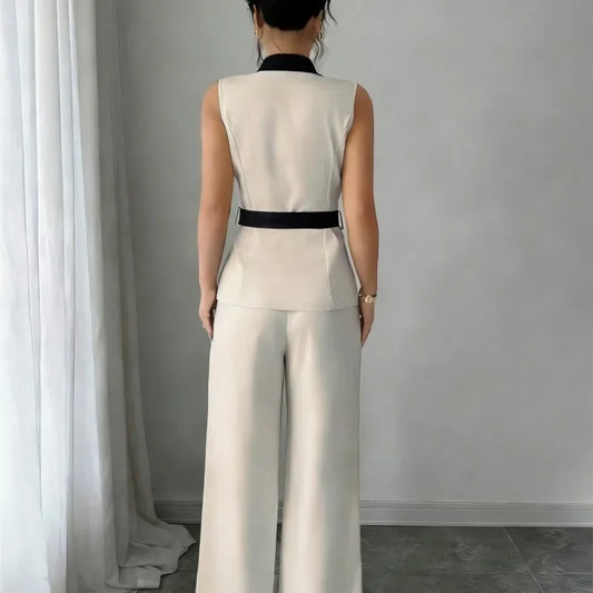 Women's Office Lady Ensemble Outfit Autumn Sleeveless Straight Leg Pants Set Classy Bandeau Elegant Style Top And Vest 2 Set