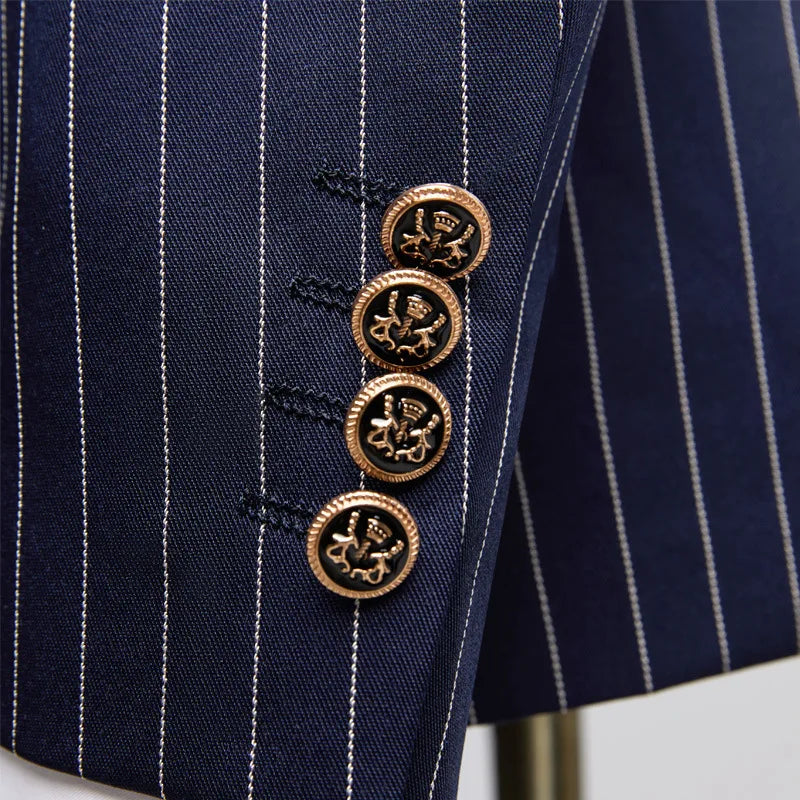 Men's Navy Blue Striped Double Breasted Blazer, Peaked Lapel Slim Fit Single Suit Jacket, Business Office Formal Wear