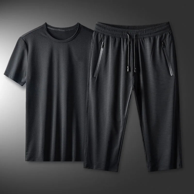 Ice Silk Men's Casual Pants Sports Set Air Conditioning Pants Quick Dry Trendy Large Size Short Sleeve T-Shirt Mesh Summer Wear