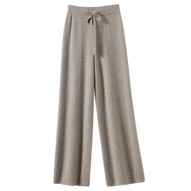 High Waist Knitted Wide Leg Pants Women's Autumn Winter Extended Floor Length Drawstring Straight Casual Loose Slimming