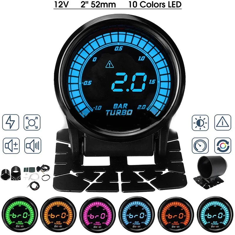 52mm Boost Water temp Oil temp Volt Vacuum Tachometer EGT Air fuel ratio Oil pressure Gauge 10 Color Car Meter
