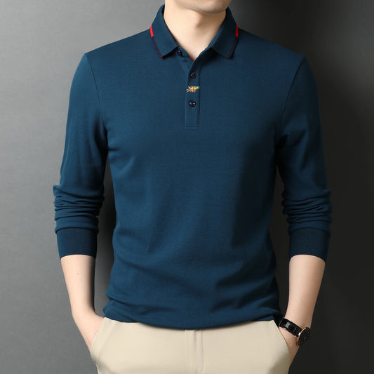 High End Brand Men's Embroidered Long Sleeve 100% Cotton Polo Shirt Business Casual Lapel Fashion Solid Color T-shirt Men's Wear