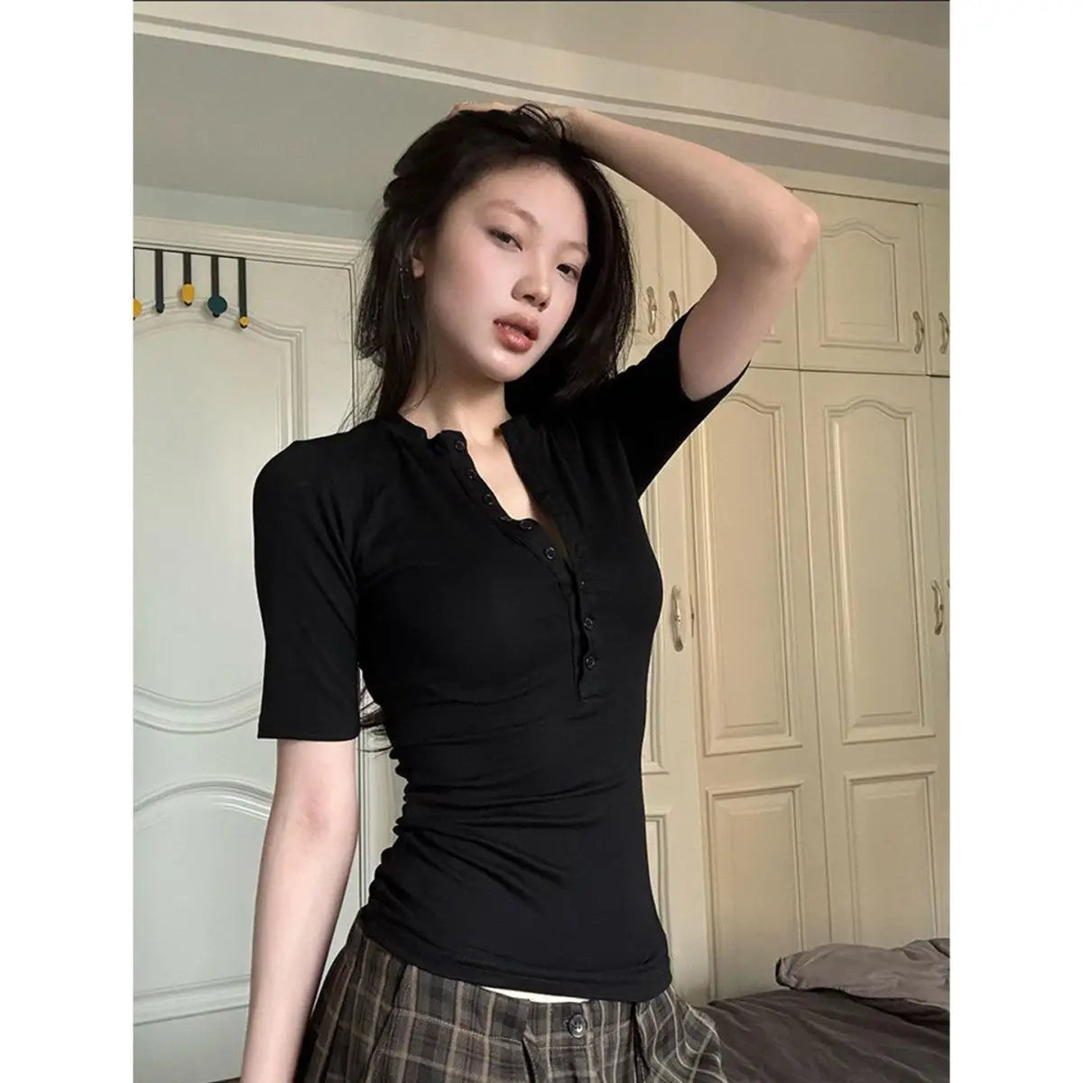 American Style Pure Desire Henry Collar Five Sleeve Short Sleeve T-Shirt Women Summer Slim Fit Design Sensation Small Crowd S...