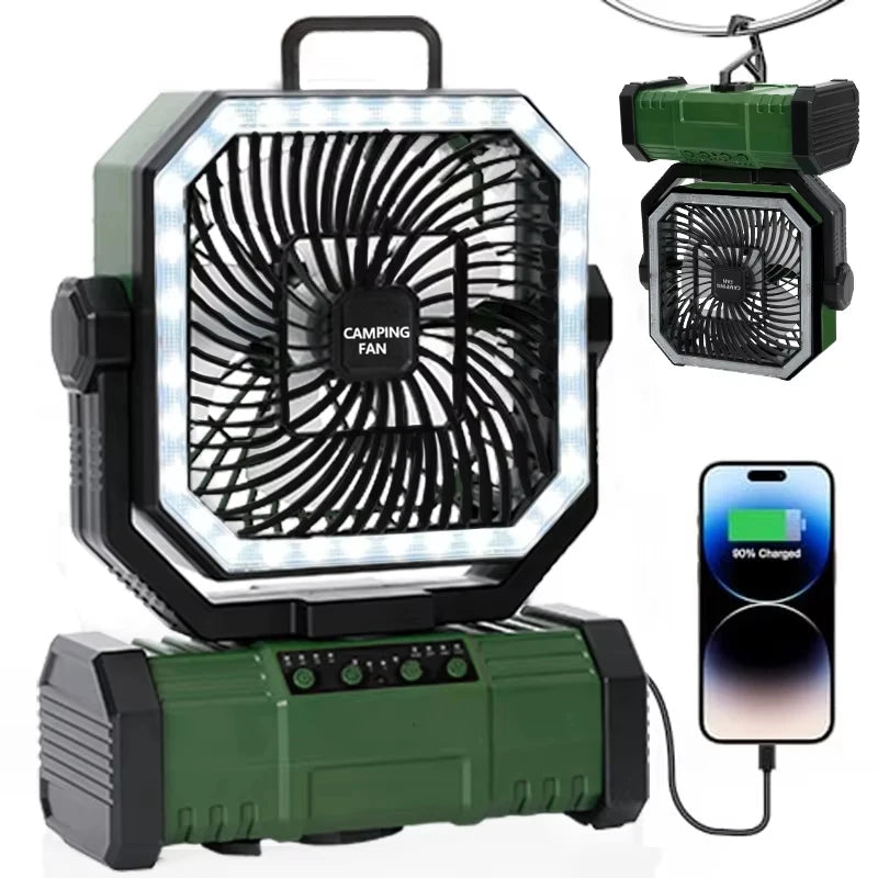Outdoor Camping Fan 20000mAh Rechargeable Fan with LED Lantern & Remote for Fishing Travel, 4 Speeds 8H Timer, Hanging Hook