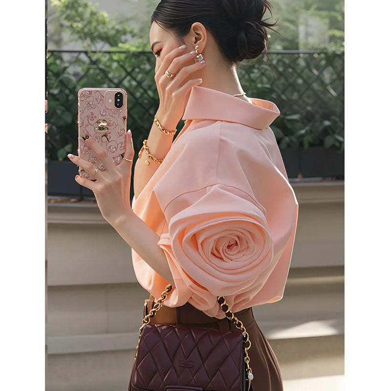 Elegant Pink Rose Flower Women's Shirt Unique Personality High-End Feeling Luxury Simple Style French Style Spring Autumn Top