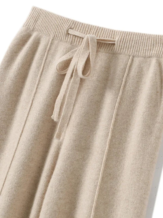 High Waist Knitted Wide Leg Pants Women's Autumn Winter Extended Floor Length Drawstring Straight Casual Loose Slimming