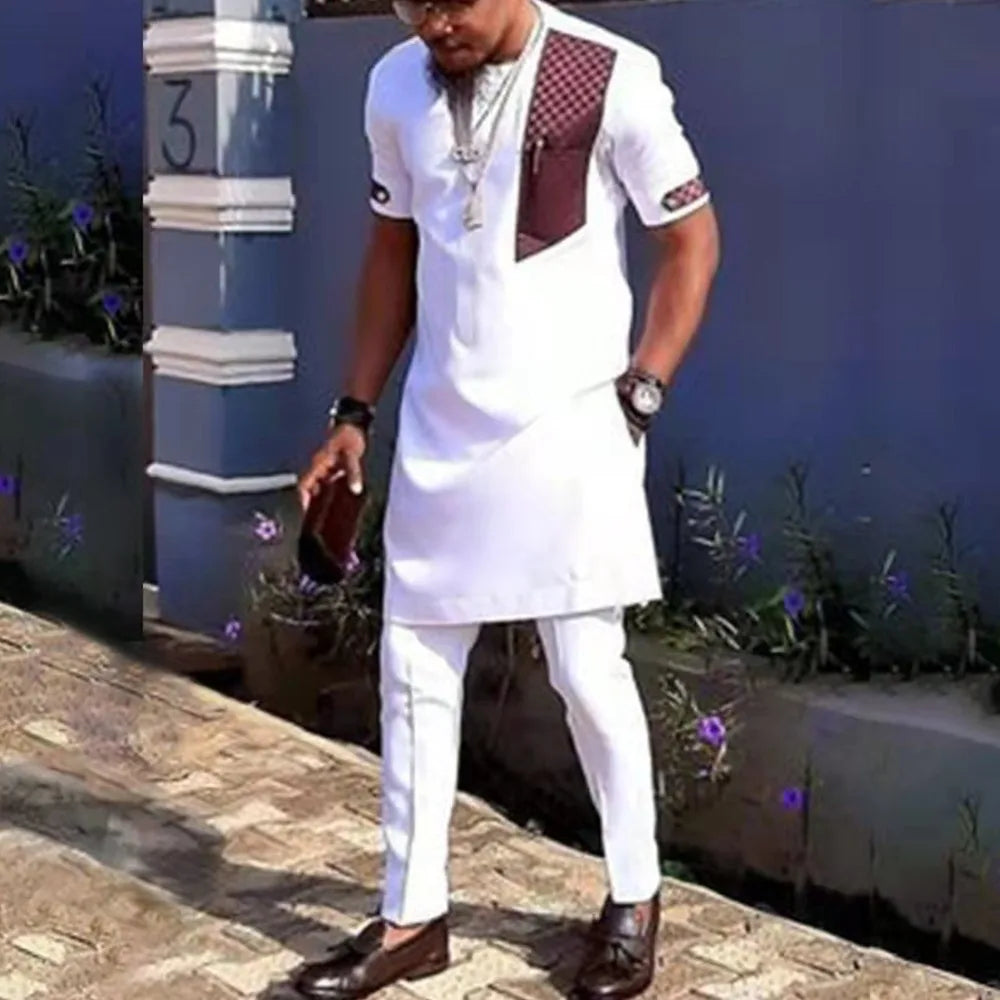 Kaftan Men's Suit Ethnic Style Suit Men's White Patchwork Shirt And Casual Pants 2-piece Set Ramadan Dubai Luxury Islam Elegant