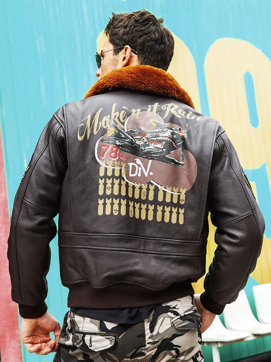 men's Retro Embroidered Leather Jacket CASUAL Loose Fit Pure Cowhide Air Force G1 Pilot Jacket with Fur Collar genuine leather