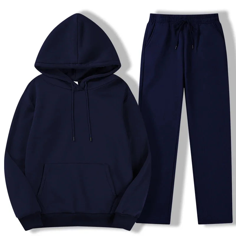 Men's Autumn Winter Solid Color Casual Sports Two - piece Hoodie and Pants Set S - 3XL Tracksuit for Daily Workout Enthusiasts