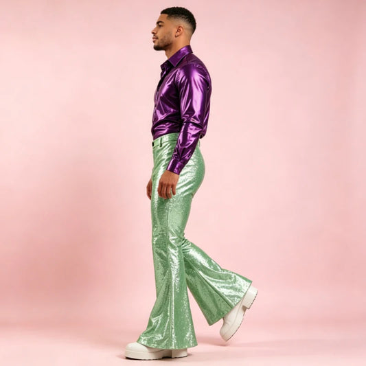 Men's Sequin Flare Pants High Waist Sparkly Bell Bottom Trousers Shiny Glitter Stretchy Breathable for Stage Performance Party