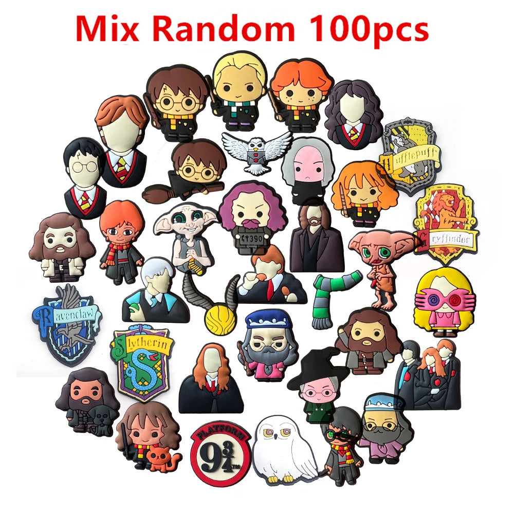 17-100Pcs Hot Toys Harry Potter Shoe Charms Accessories DIY Cartoon Clog Sandal Shoes Decoration Buckle Kids Party Gifts