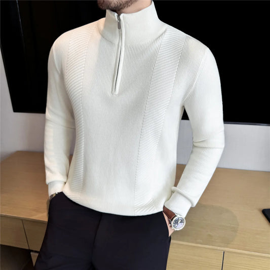 Men's Semi-Zip Knit Sweater - White (Gray/Black) Winter Weight Fabric Fashionable Semi-High Neck Daily Wear