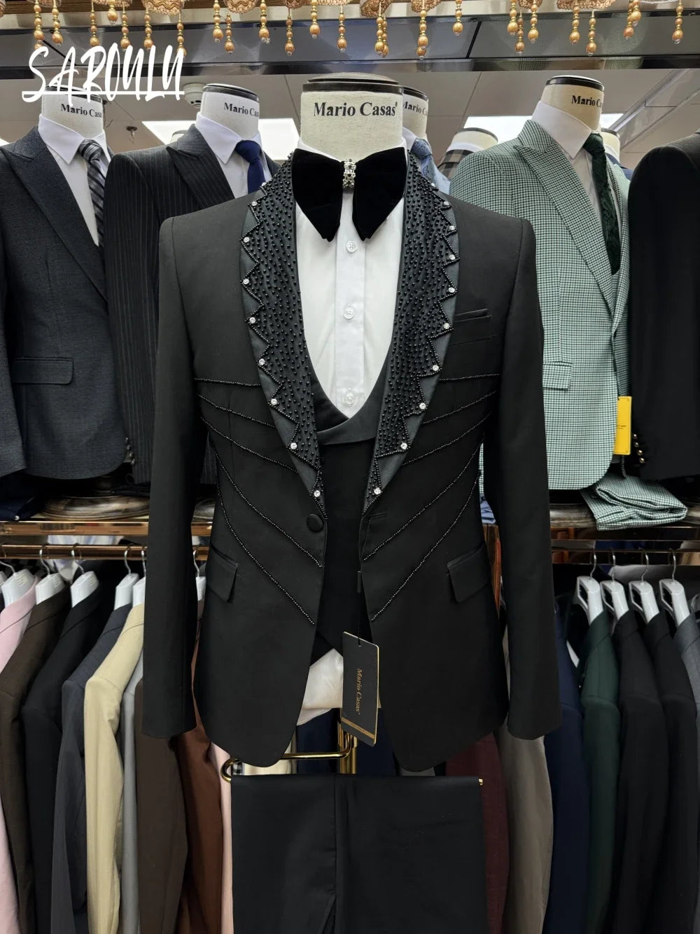 Textured Black Men's Suit Sophisticated Party Beaded Customized Celebrity Peak Lapel Groom Wear In Stock Prom Set Fast Shipping