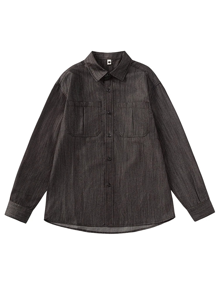 Men's Denim Shirts with 2 Chest Pockets Korean Fashion Long Sleeve Casual Shirt Workwear Retro Tops