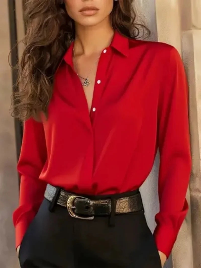Women's Long Sleeve Button Down Blouse - Elegant Office Chic Top with Classic Collar & Versatile Style
