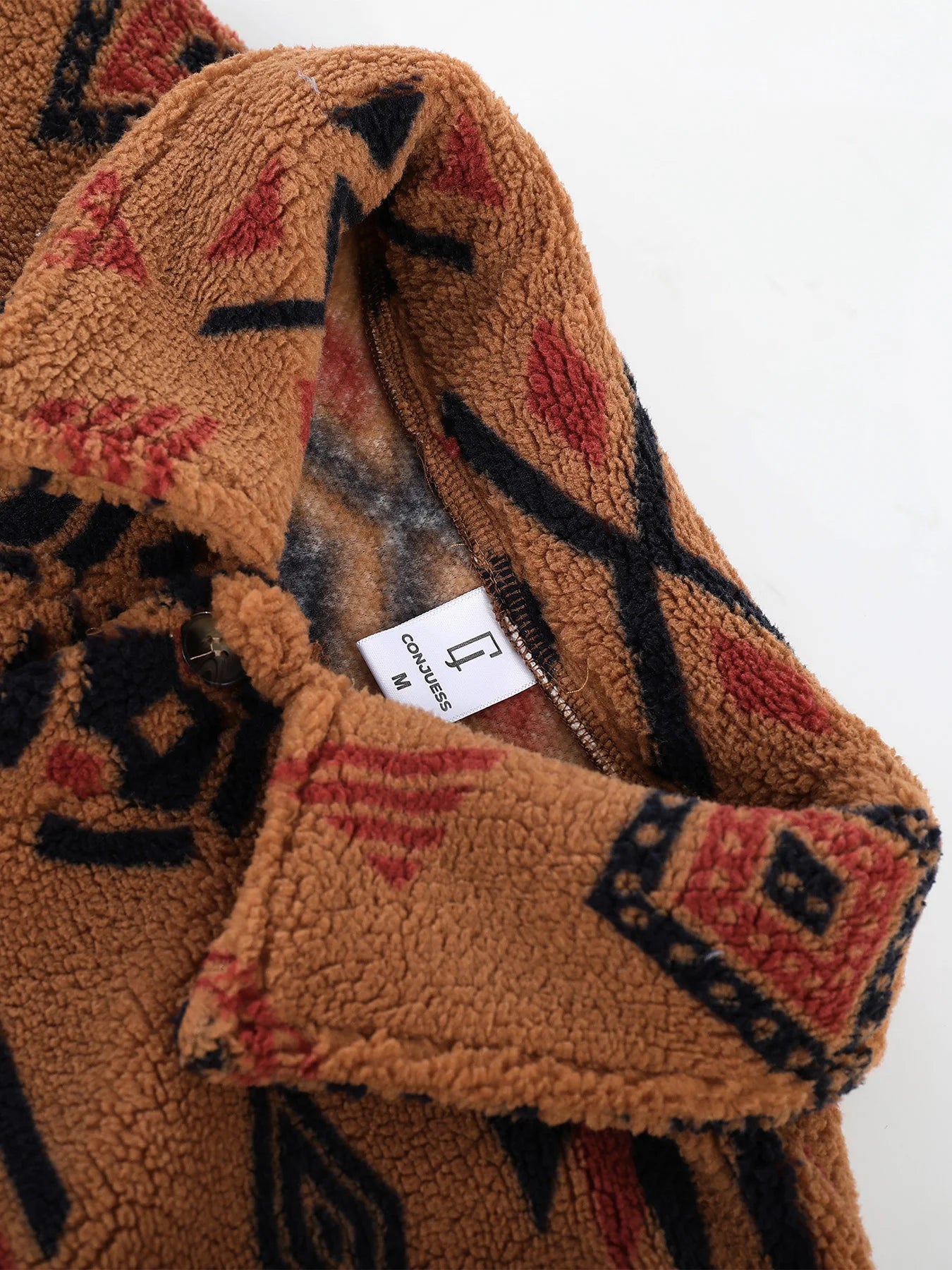 Men's Retro Ethnic Geometric Print Fleece Shirt Jacket Winter Thick Warm Sherpa Casual Coat