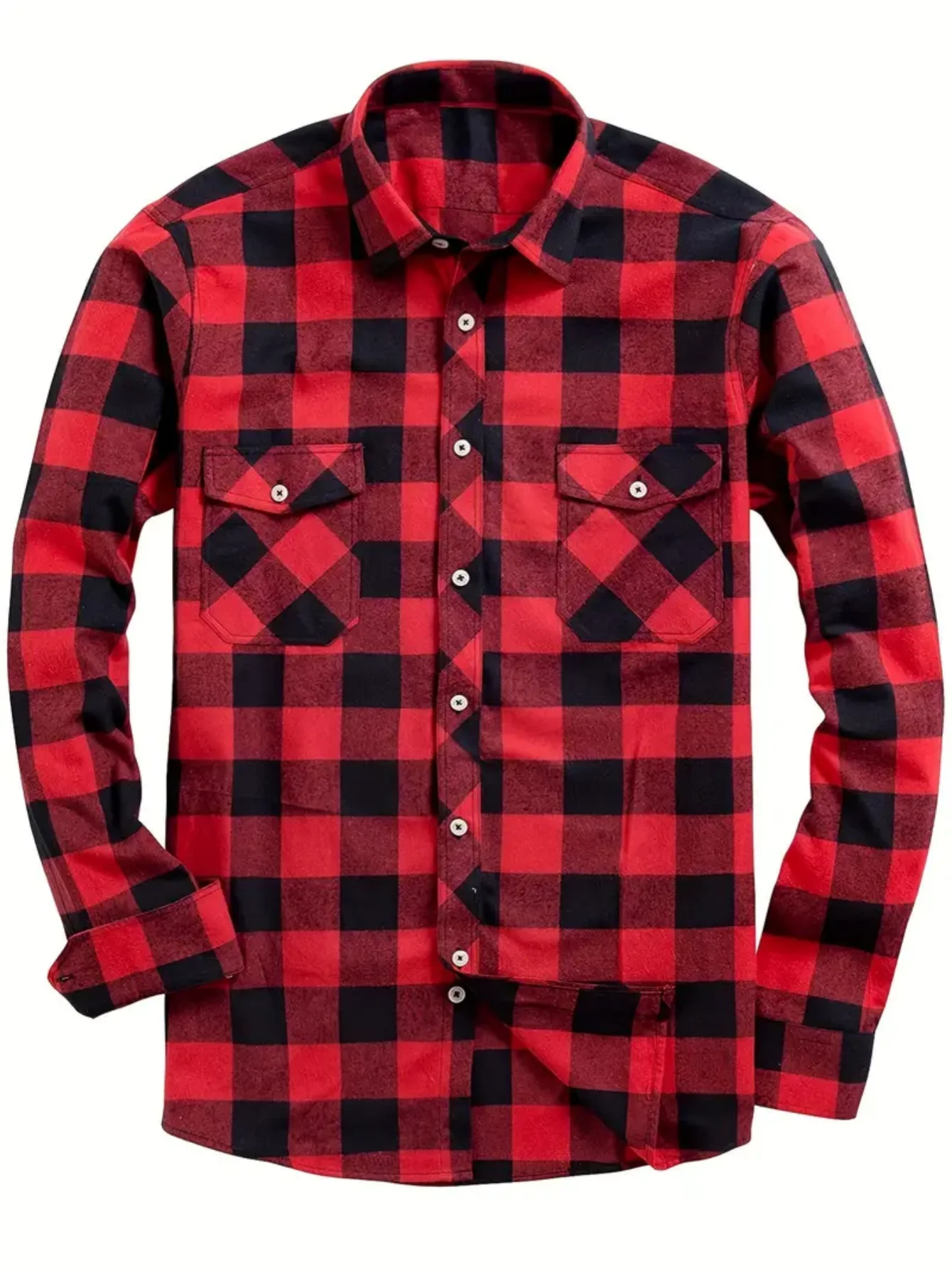 LVLAEA Plaid Pattern Men Fall Winter Buttonup Streetwear Long Sleeve Lapel Collar Pocket Decoration Trendy Y2K Tated Shirt for M