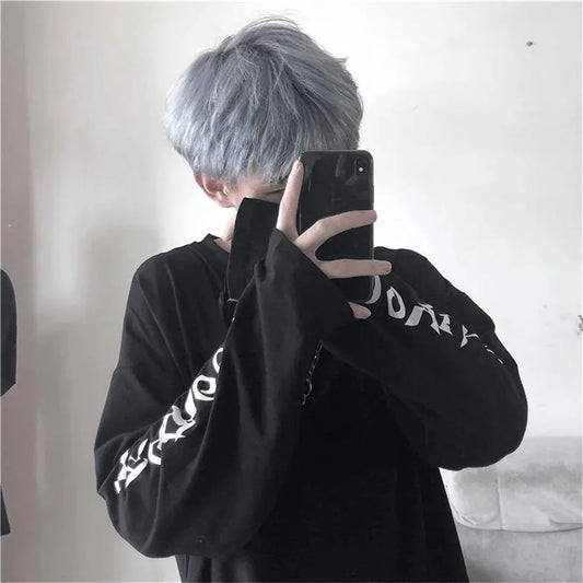 Black Harajuku Tshirt Hip Hop T-shirt Women Black Casual Korean T Shirt Long Sleeve Loose Tshirt Streetwear Autumn Tops Girls