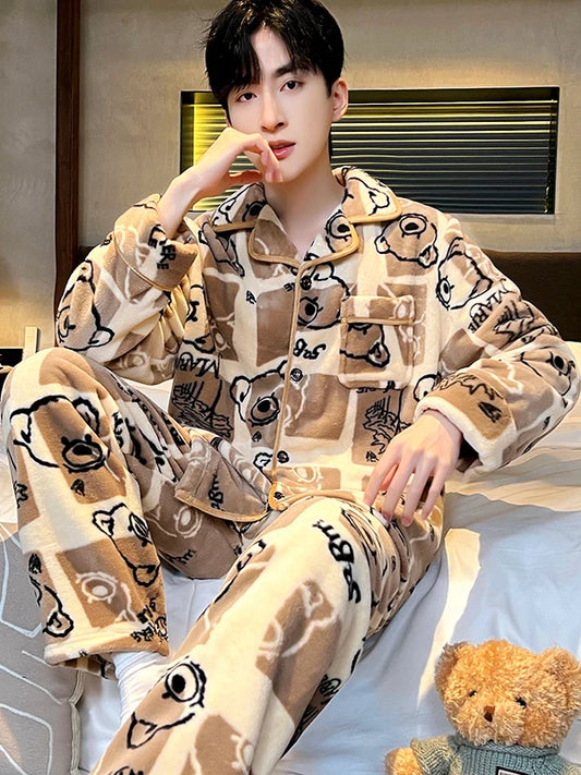 Men's Sleepwear Coral Fleece Flannel Thick Warm Cardigan Home Clothes Autumn Winter Long Sleeve Button up Comfortable Pajamas