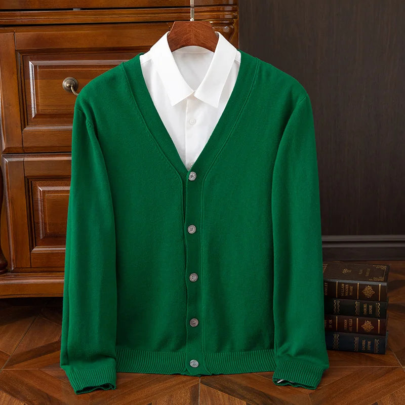 Autumn Winter V-neck Merino Wool Cardigan Men's Cashmere Knitwear Sweater Button Top Casual Basic Business Clothing Tops