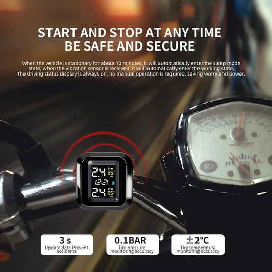Motorcycle Tire Pressure Monitor Digital Display External Motorcycle Wireless Tire Pressure Detector With 2 External Sensors