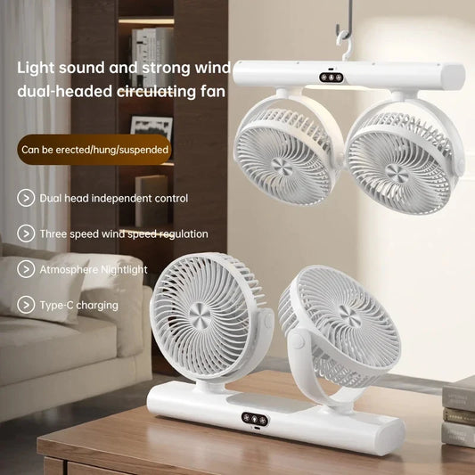 Rechargeable 3 Speed Desk Fan with Light, Dual Head Air Circulation Fan, Type-C Charging, Multi-Mount Portable Air Circulator