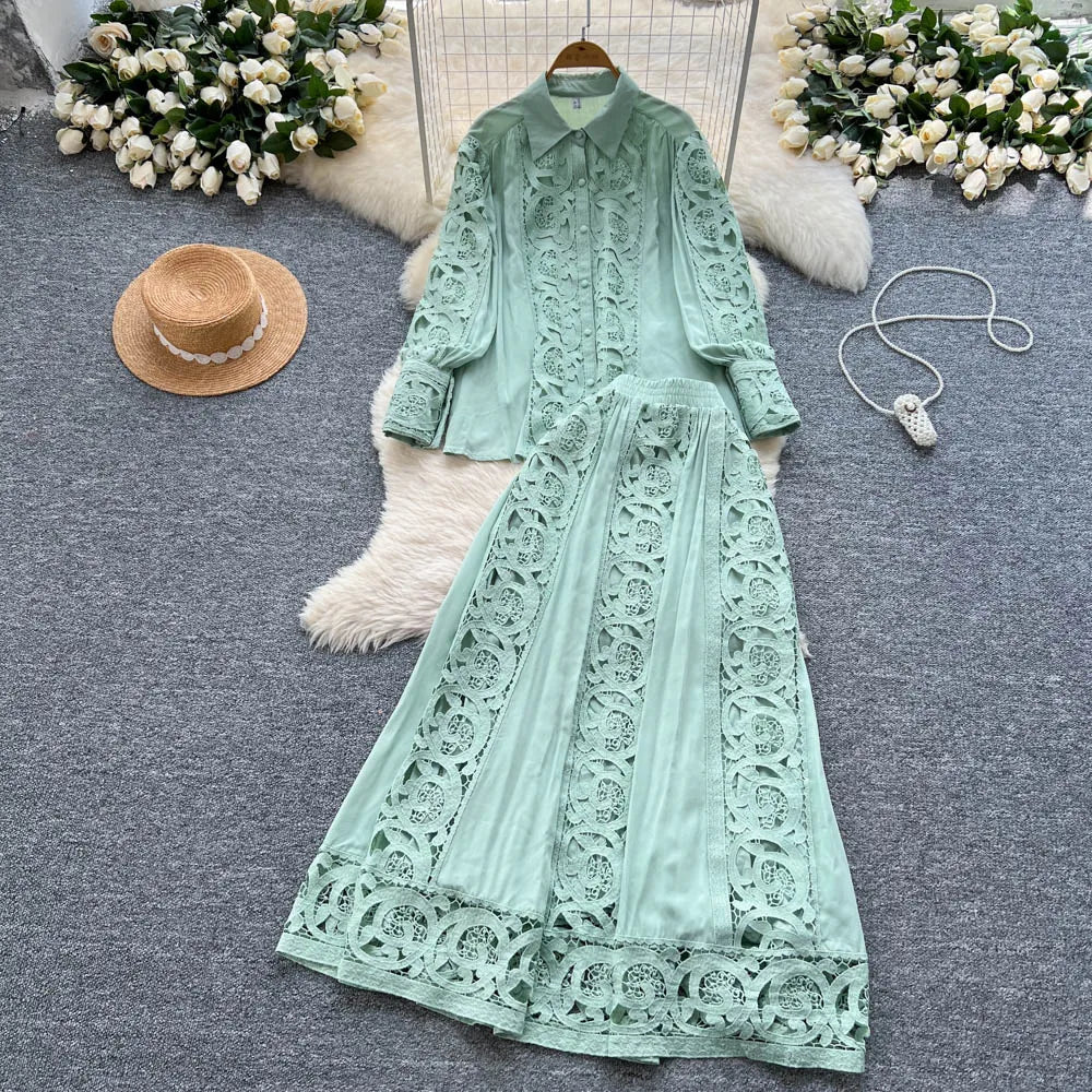 Elegant Lace Hollow out Long Sleeve Shirt And High Waist Half Skirt Two Piece Set for Women Fashionable And Stylish Ensemble