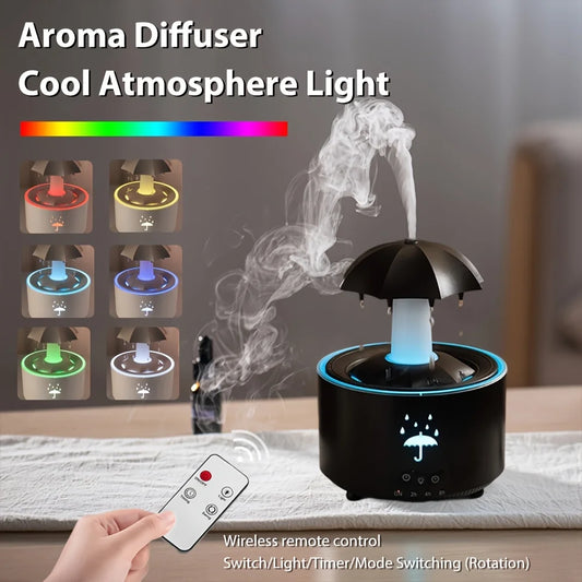 Rotating Raindrop Humidifier, Cool Mist Air Humidifier with Remote, Colorful Night Light, Essential Oil Diffuser, Auto-Off